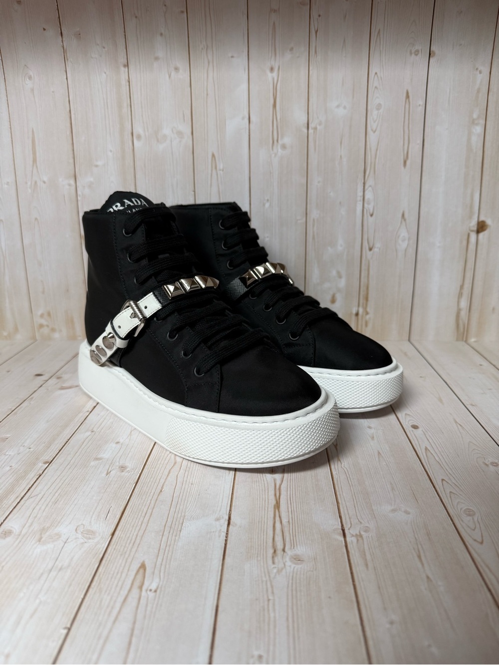 Prada Nylon Gabardine Studded High Top Sneakers Black Sz 37 / 7